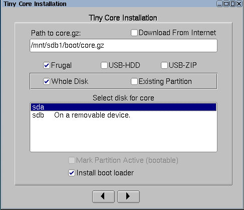 Tiny Core install prompt for core.gz complete